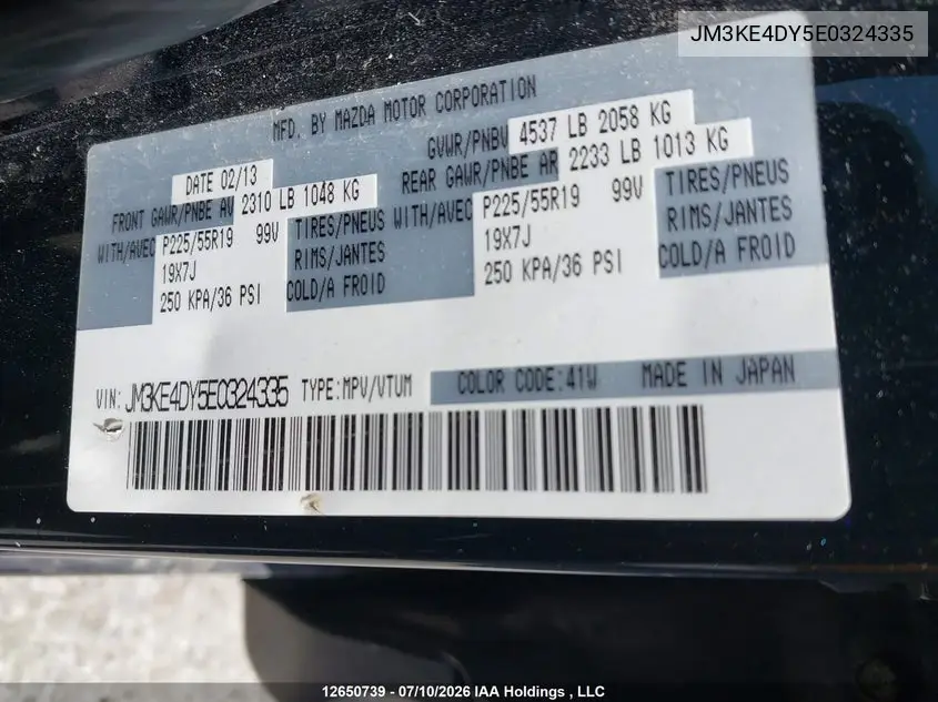 2014 Mazda Cx-5 Gt VIN: JM3KE4DY5E0324335 Lot: 12650739x
