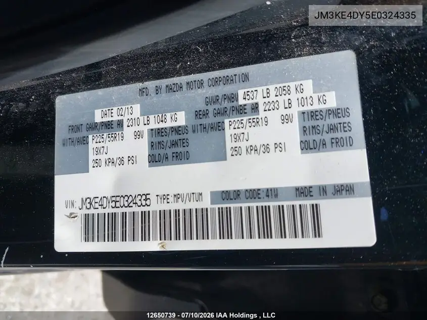 2014 Mazda Cx-5 Gt VIN: JM3KE4DY5E0324335 Lot: 12650739x