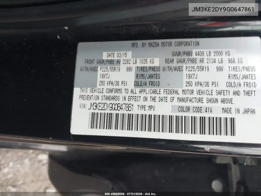 2016 Mazda Cx-5 Grand Touring VIN: JM3KE2DY9G0647861 Lot: 45669506