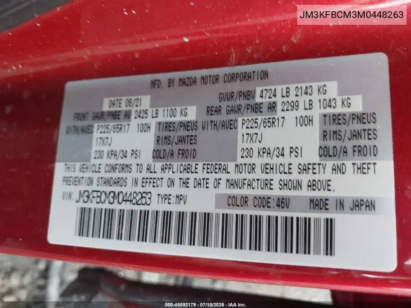 2021 Mazda Cx-5 Touring VIN: JM3KFBCM3M0448263 Lot: 45592179