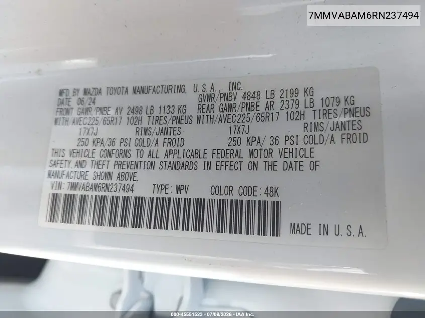 2024 Mazda Cx-50 2.5 S Select VIN: 7MMVABAM6RN237494 Lot: 45551523