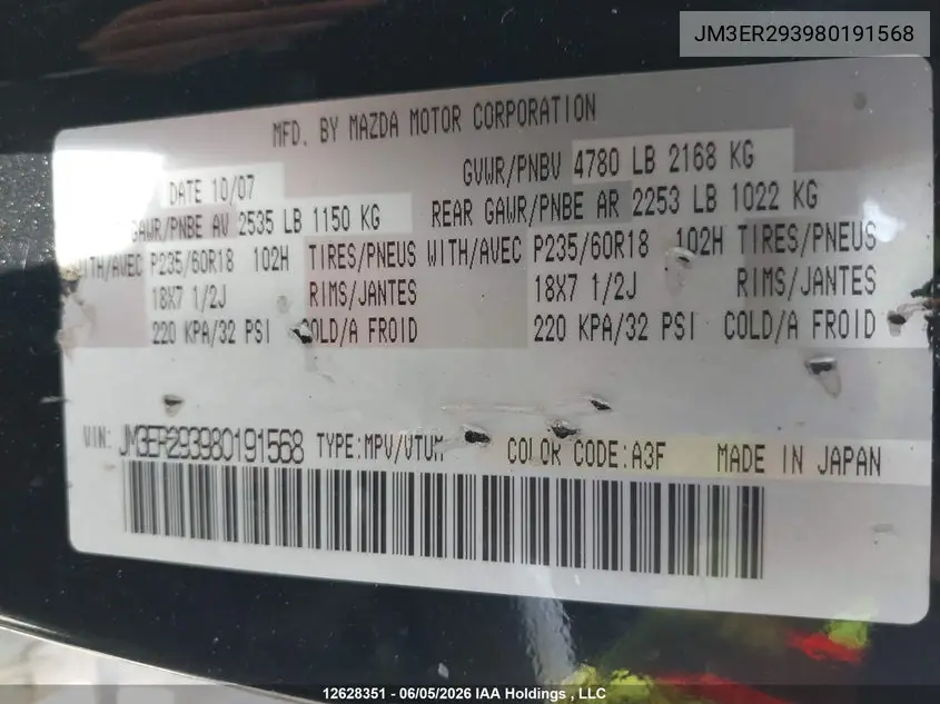 2008 Mazda Cx-7 VIN: JM3ER293980191568 Lot: 12628351