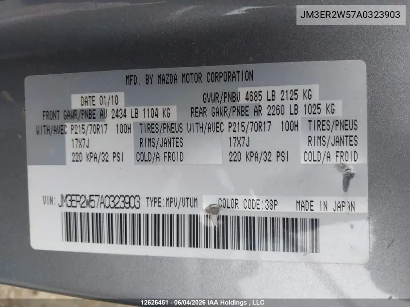 2010 Mazda Cx-7 VIN: JM3ER2W57A0323903 Lot: 12626451
