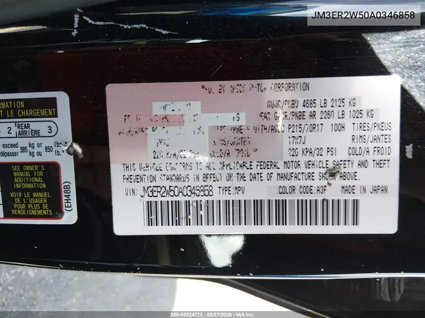 2010 Mazda Cx-7 I Sport VIN: JM3ER2W50A0346858 Lot: 45224772