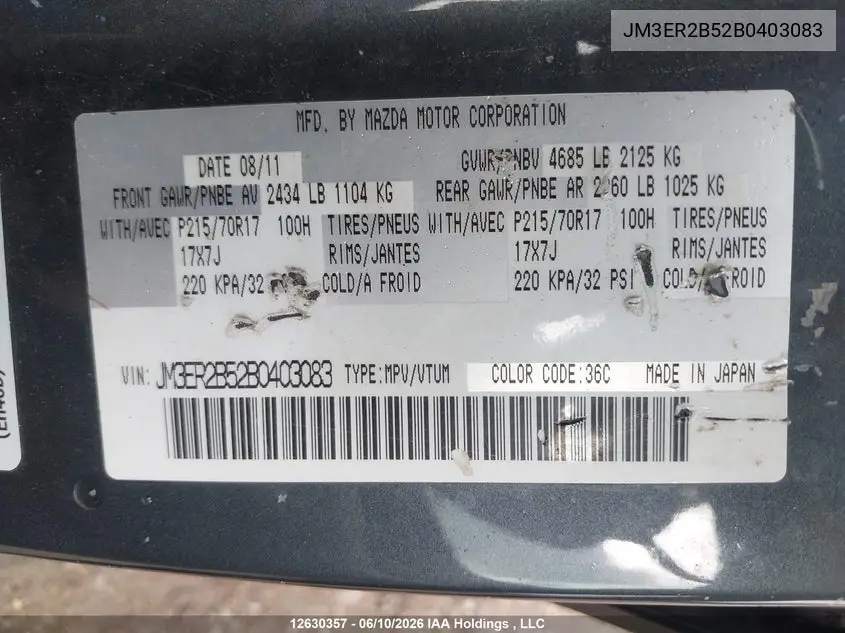 2011 Mazda Cx-7 VIN: JM3ER2B52B0403083 Lot: 12630357