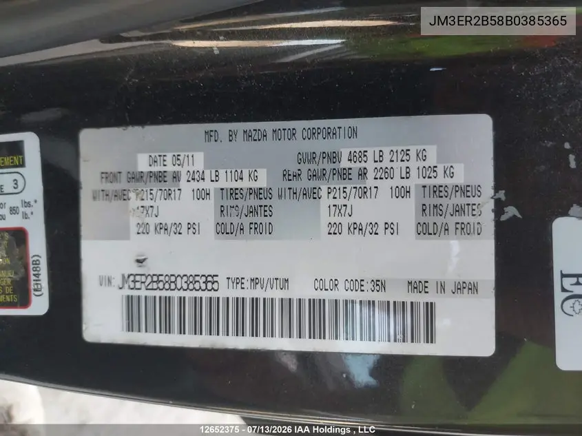 2011 Mazda Cx-7 Gx VIN: JM3ER2B58B0385365 Lot: 12652375