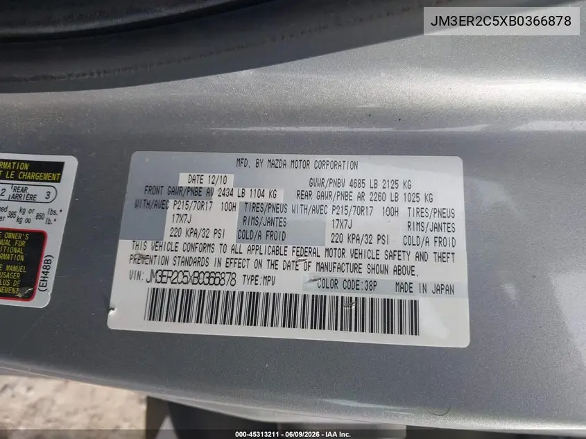 2011 Mazda Cx-7 I Touring VIN: JM3ER2C5XB0366878 Lot: 45313211