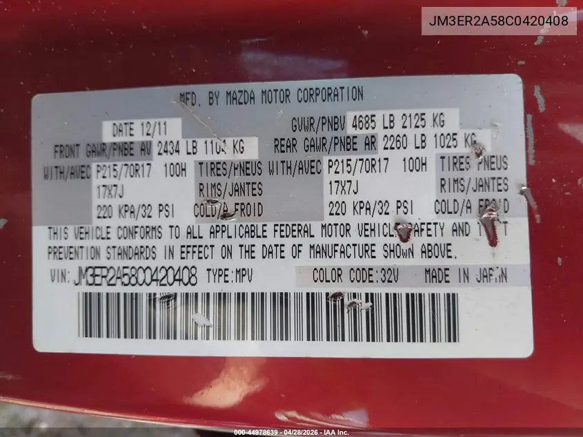 2012 Mazda Cx-7 I Sv VIN: JM3ER2A58C0420408 Lot: 44978639