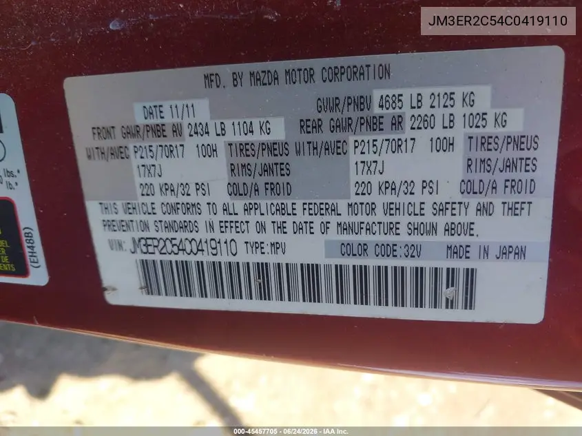 2012 Mazda Cx-7 I Touring VIN: JM3ER2C54C0419110 Lot: 45457705
