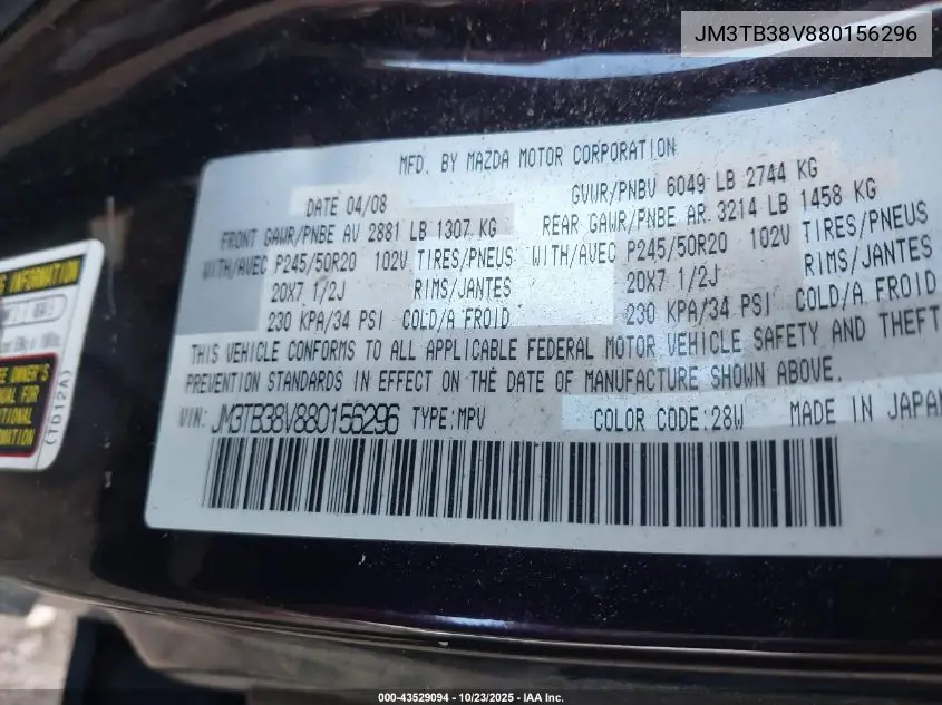 JM3TB38V880156296 2008 Mazda Cx-9 Grand Touring