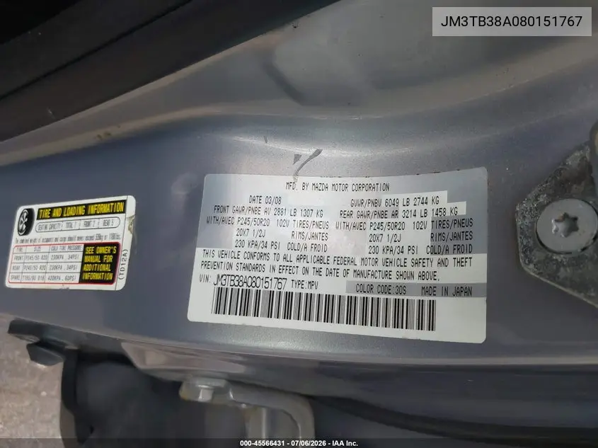 2008 Mazda Cx-9 Grand Touring VIN: JM3TB38A080151767 Lot: 45566431