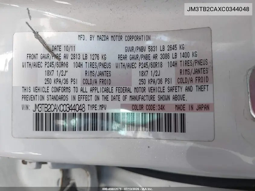 2012 Mazda Cx-9 Touring VIN: JM3TB2CAXC0344048 Lot: 45602075