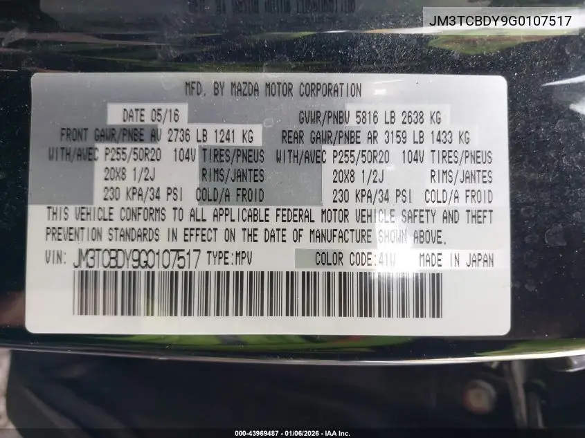 JM3TCBDY9G0107517 2016 Mazda Cx-9 Grand Touring