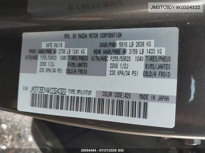 2019 Mazda Cx-9 Grand Touring VIN: JM3TCBDY4K0324322 Lot: 30094494