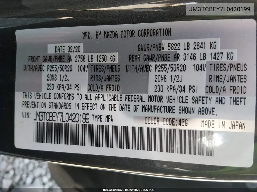 2020 Mazda Cx-9 Signature VIN: JM3TCBEY7L0420199 Lot: 45128932