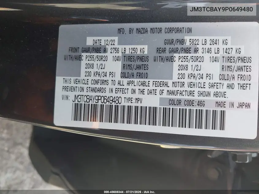 2023 Mazda Cx-9 Touring Plus VIN: JM3TCBAY9P0649480 Lot: 45688344