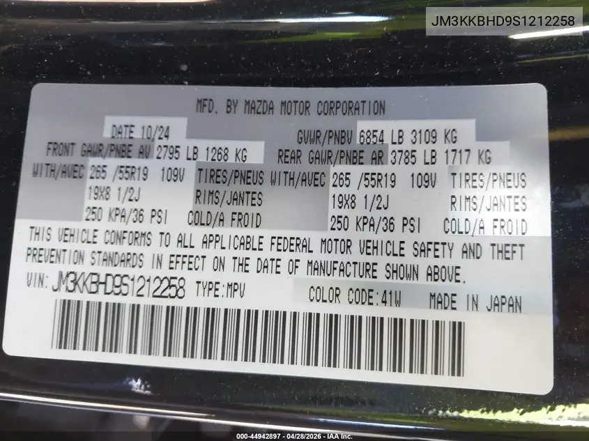2025 Mazda Cx-90 3.3 Turbo Preferred Package VIN: JM3KKBHD9S1212258 Lot: 44942897