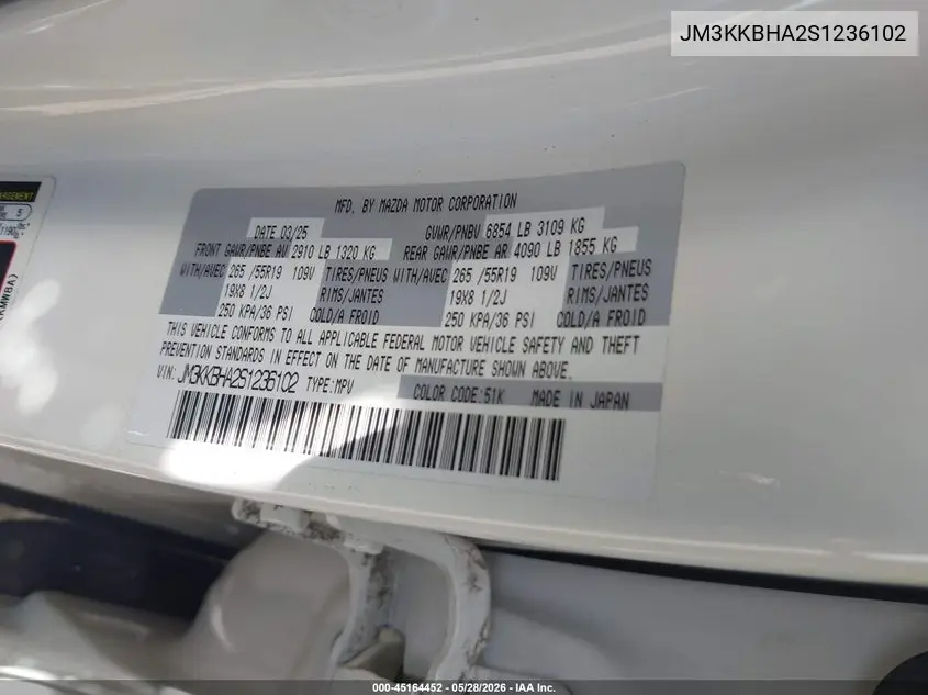 2025 Mazda Cx-90 Phev Preferred Package VIN: JM3KKBHA2S1236102 Lot: 45164452