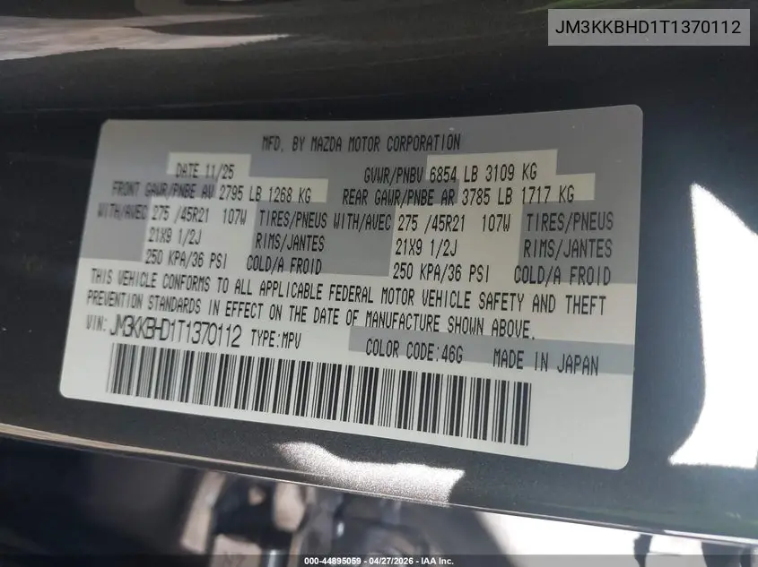 2026 Mazda Cx-90 3.3 Turbo Preferred VIN: JM3KKBHD1T1370112 Lot: 44895059