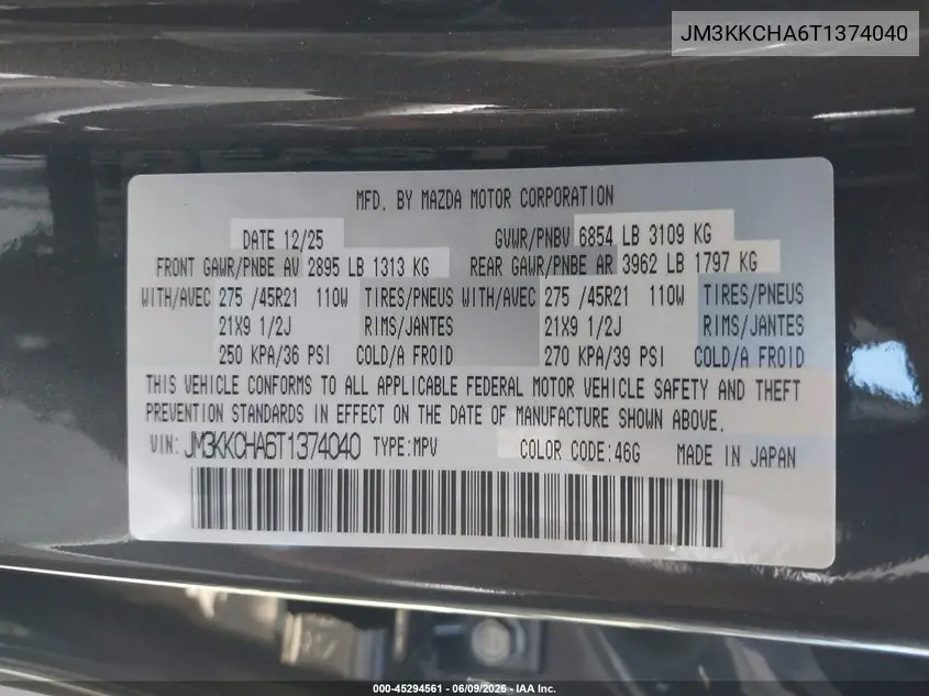 2026 Mazda Cx-90 Phev Premium Sport VIN: JM3KKCHA6T1374040 Lot: 45294561