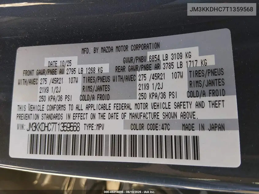 2026 Mazda Cx-90 3.3 Turbo S Premium Sport VIN: JM3KKDHC7T1359568 Lot: 45314695