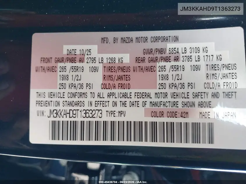 2026 Mazda Cx-90 3.3 Turbo Select VIN: JM3KKAHD9T1363273 Lot: 45436784