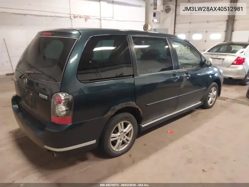 2004 Mazda Mpv Lx VIN: JM3LW28AX40512981 Lot: 45278272