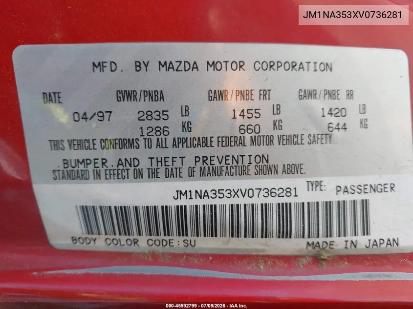 1997 Mazda Mx-5 Miata Leather Pkg/M Edition/Popular Equipment Pkg/R Pkg./Sto/Sto-Edition/Touring Pkg VIN: JM1NA353XV0736281 Lot: 45592799