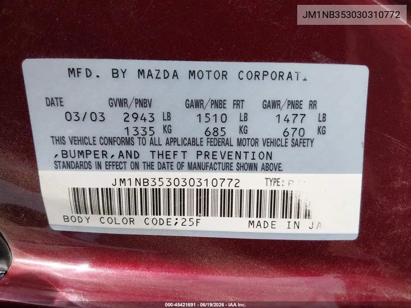 2003 Mazda Mx-5 Miata Cloth/Ls/Se/Shinsen VIN: JM1NB353030310772 Lot: 45421691