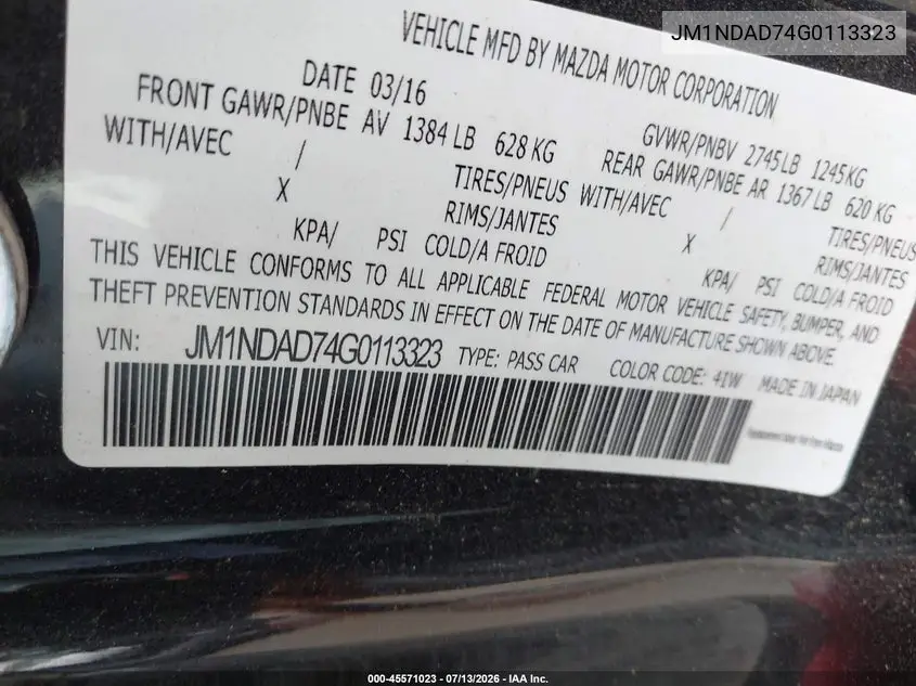 2016 Mazda Mx-5 Miata Grand Touring VIN: JM1NDAD74G0113323 Lot: 45571023