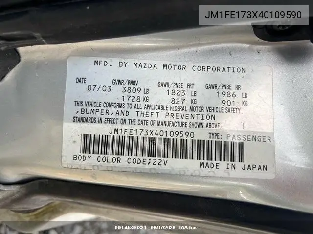 2004 Mazda Rx-8 6 Speed Manual VIN: JM1FE173X40109590 Lot: 45300321