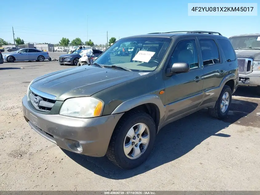2002 Mazda Tribute Es V6/Lx V6 VIN: 4F2YU081X2KM45017 Lot: 45606739