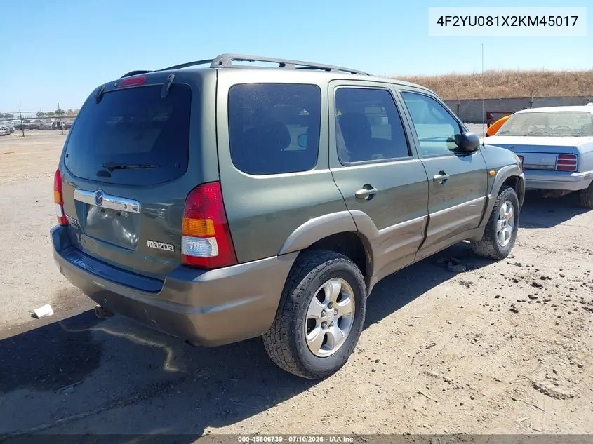 2002 Mazda Tribute Es V6/Lx V6 VIN: 4F2YU081X2KM45017 Lot: 45606739