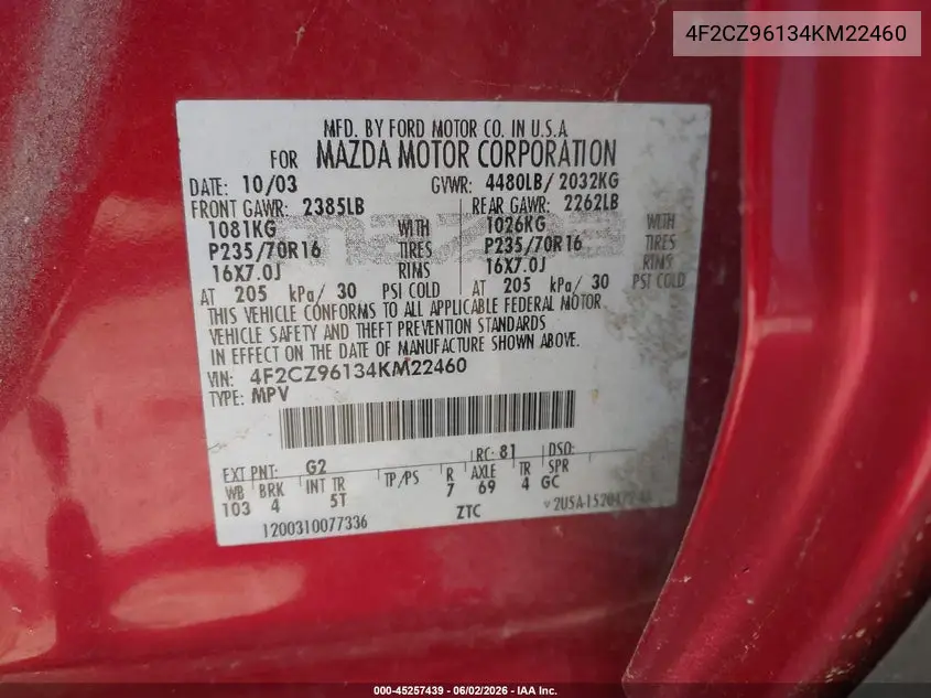 2004 Mazda Tribute Es V6 VIN: 4F2CZ96134KM22460 Lot: 45257439