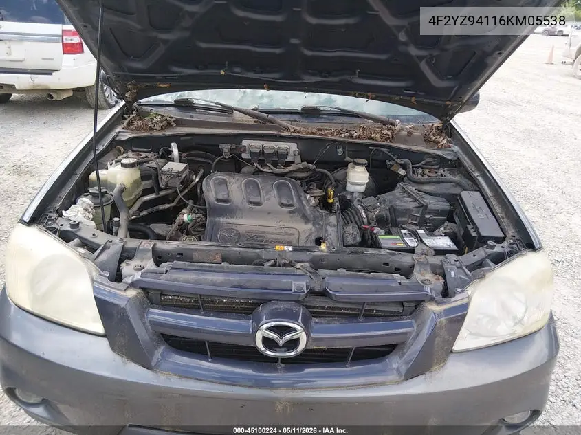 2006 Mazda Tribute S VIN: 4F2YZ94116KM05538 Lot: 45100224