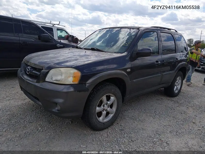 2006 Mazda Tribute S VIN: 4F2YZ94116KM05538 Lot: 45100224
