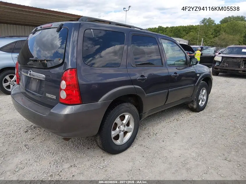 2006 Mazda Tribute S VIN: 4F2YZ94116KM05538 Lot: 45100224