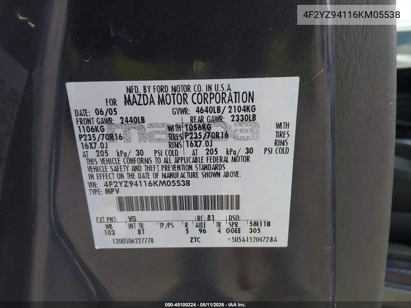 2006 Mazda Tribute S VIN: 4F2YZ94116KM05538 Lot: 45100224