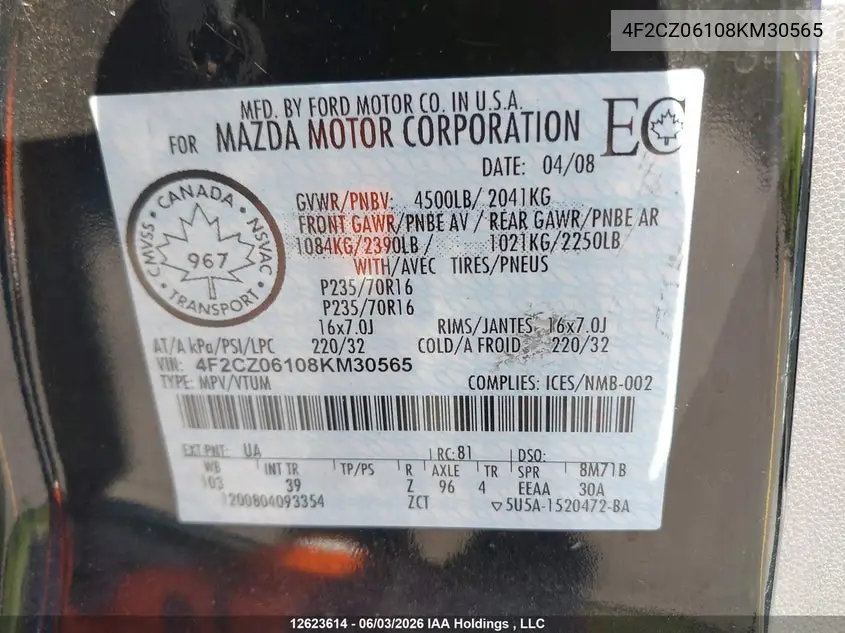 2008 Mazda Tribute Gs V6/Gx V6 VIN: 4F2CZ06108KM30565 Lot: 12623614