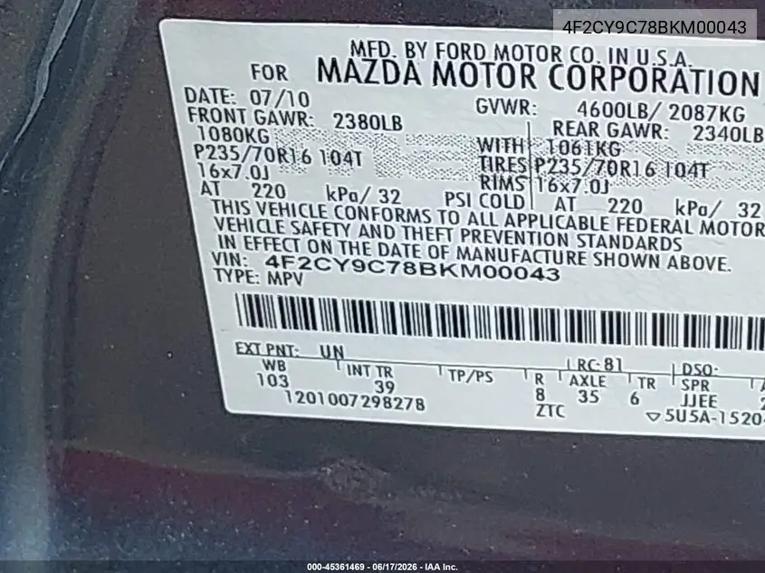 2011 Mazda Tribute I Touring VIN: 4F2CY9C78BKM00043 Lot: 45361469