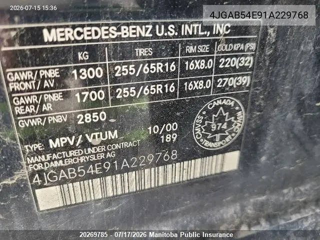 2001 Mercedes Benz Ml320 VIN: 4JGAB54E91A229768 Lot: 20269785