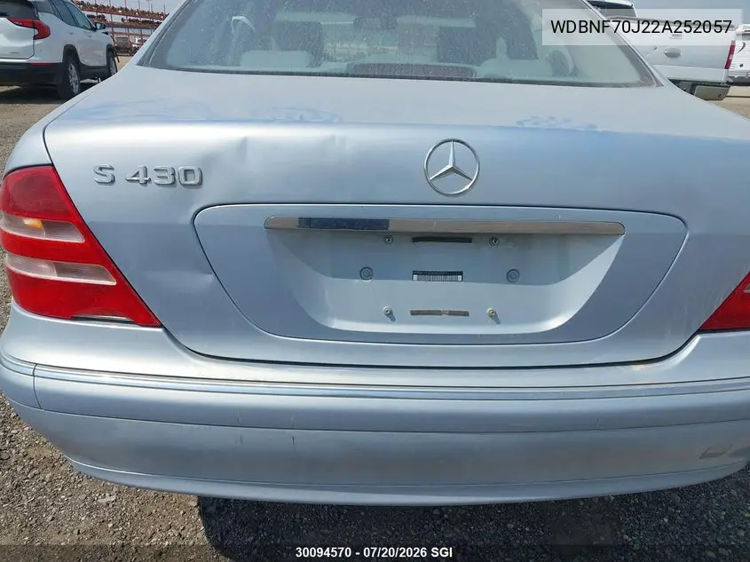 2002 Mercedes-Benz S 430 VIN: WDBNF70J22A252057 Lot: 30094570