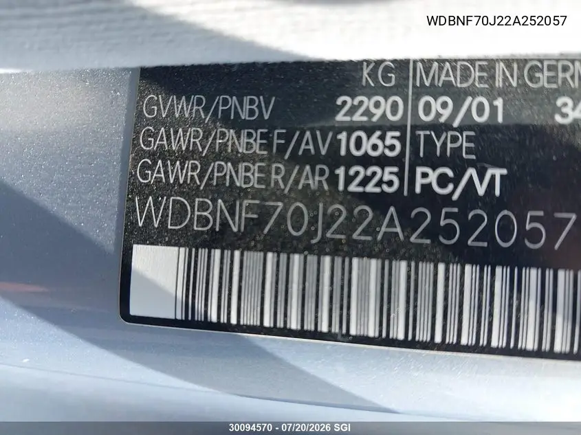 2002 Mercedes-Benz S 430 VIN: WDBNF70J22A252057 Lot: 30094570
