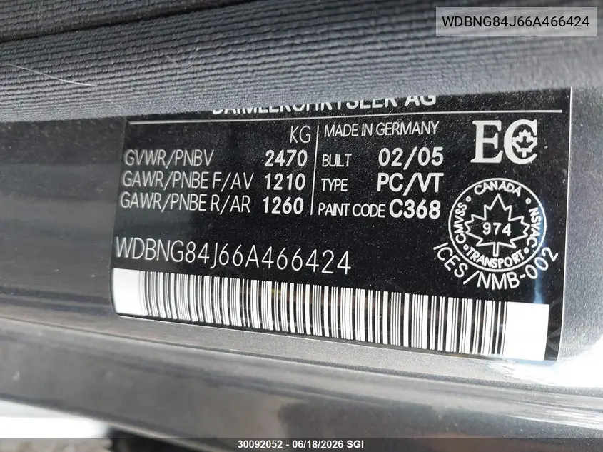 2006 Mercedes-Benz S 500 4Matic VIN: WDBNG84J66A466424 Lot: 30092052