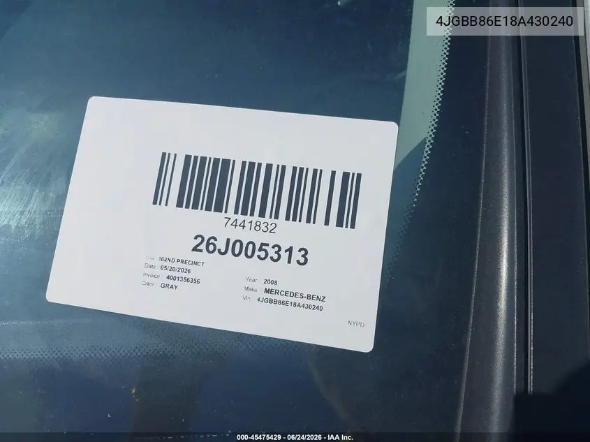 2008 Mercedes-Benz M-Class 3.5L VIN: 4JGBB86E18A430240 Lot: 45475429