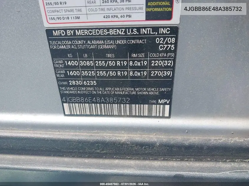 2008 Mercedes-Benz Ml 350 4Matic VIN: 4JGBB86E48A385732 Lot: 45487563