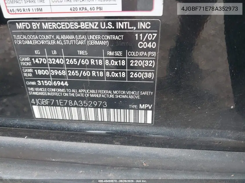 2008 Mercedes-Benz Gl-Class 4.6L VIN: 4JGBF71E78A352973 Lot: 45490878