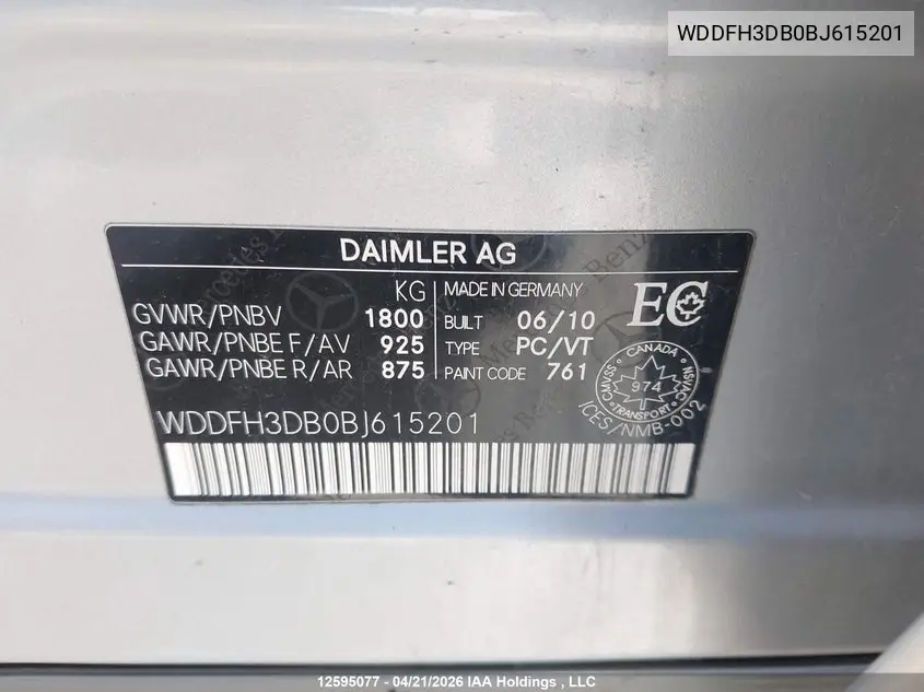 2011 Mercedes-Benz B200 VIN: WDDFH3DB0BJ615201 Lot: 12595077