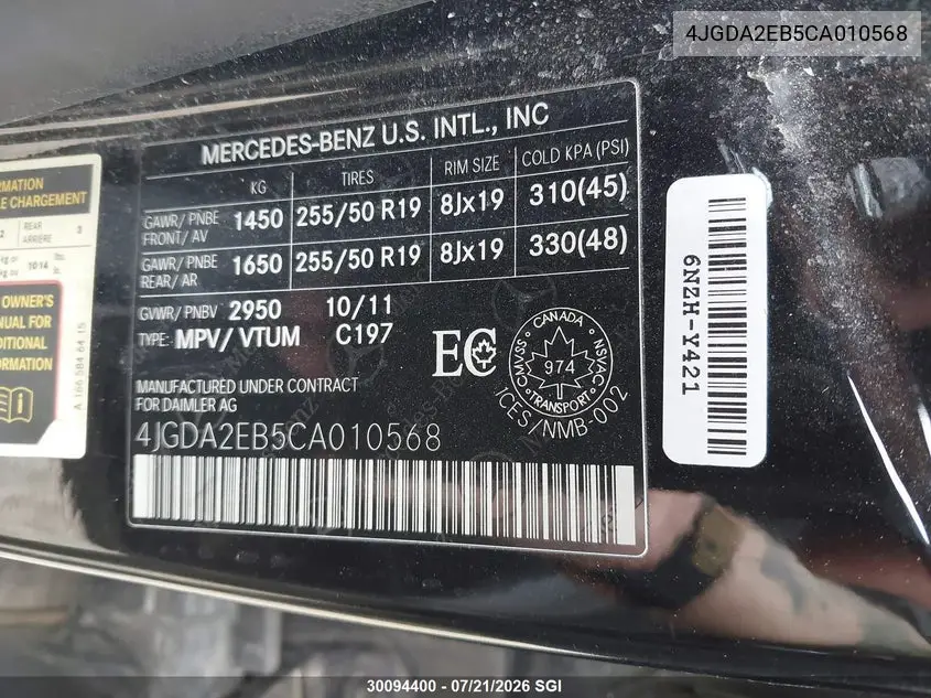 2012 Mercedes-Benz Ml 350 Bluetec VIN: 4JGDA2EB5CA010568 Lot: 30094400