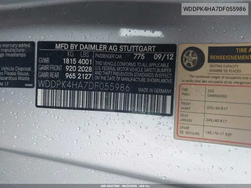 2013 Mercedes-Benz Slk 250 VIN: WDDPK4HA7DF055986 Lot: 45427560